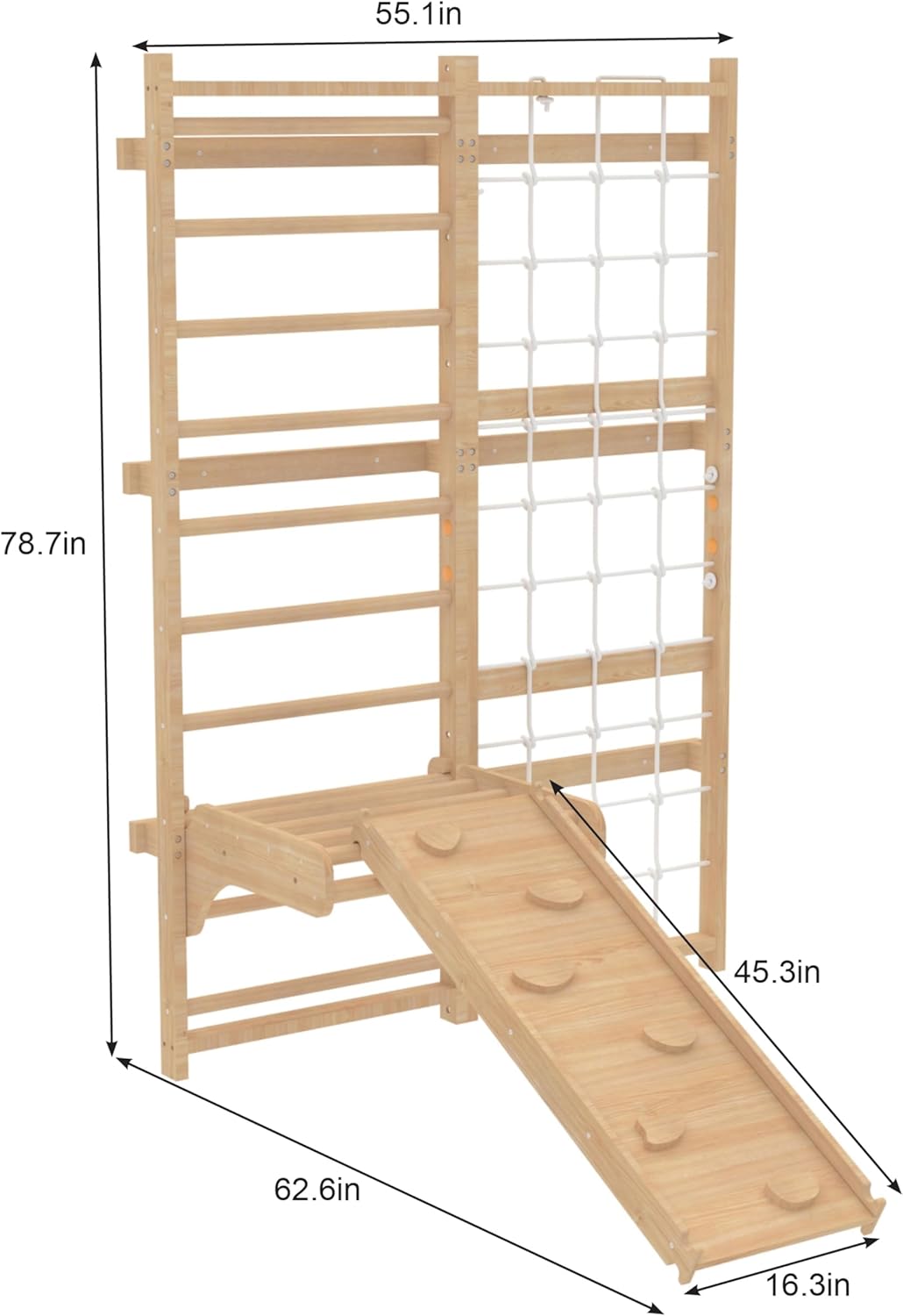 Avenlur Neem 5-in-1 Swedish Ladder Wall Gym with Cargo Wall Climber, Swedish Ladder Swing, Rope Ladder, Adult Pull-Up Bar, and Indoor Slide - Indoor Jungle Gym for Kids and Adult (79")