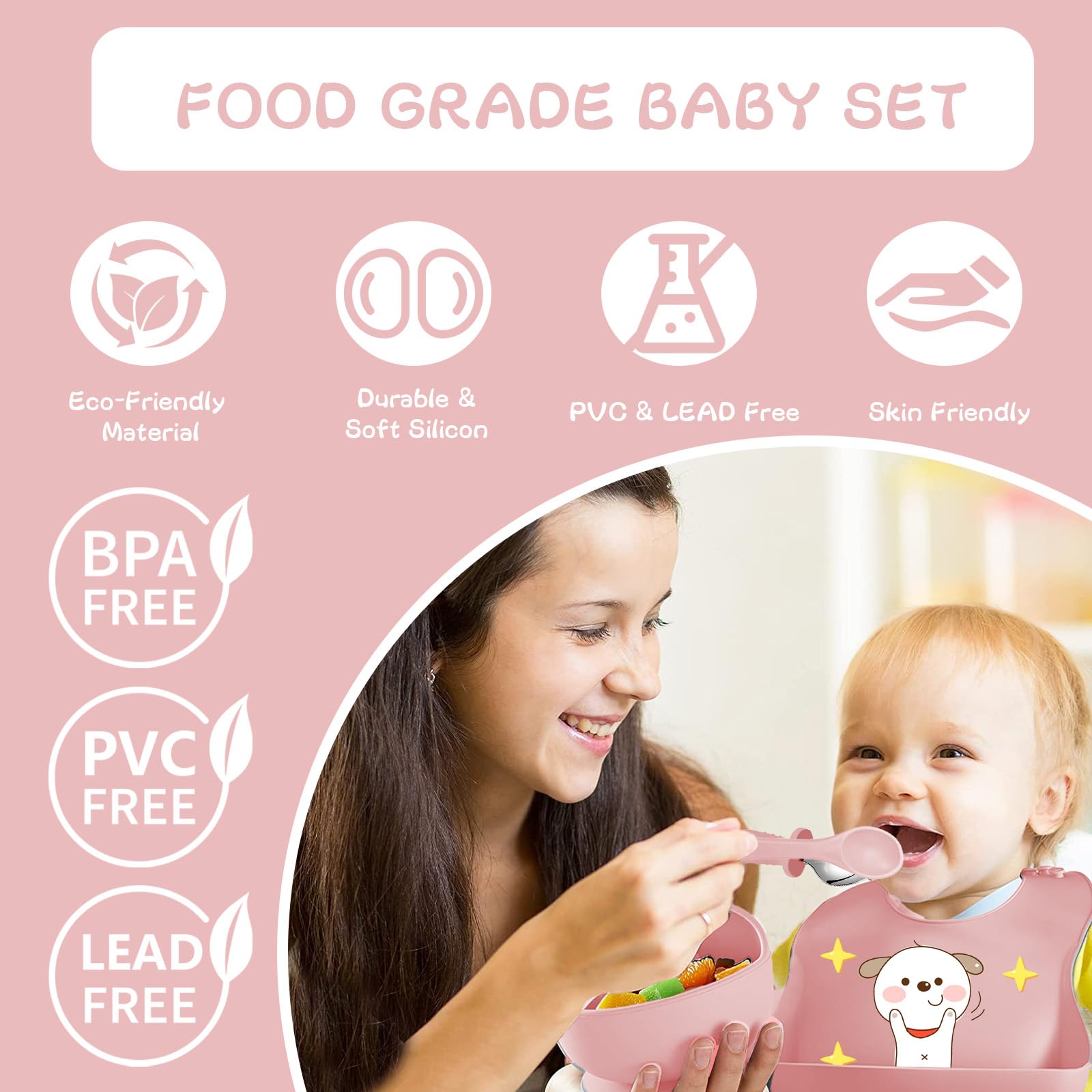 Set Pappa per Bambino, 12 Pezzi, Set Pappa Svezzamento per Bambini in Silicone, Senza BPA, Set di Posate per Bambini Antiscivolo con Ventosa Piatto Ciotola Tazza Bavaglino (Rosa chiaro)