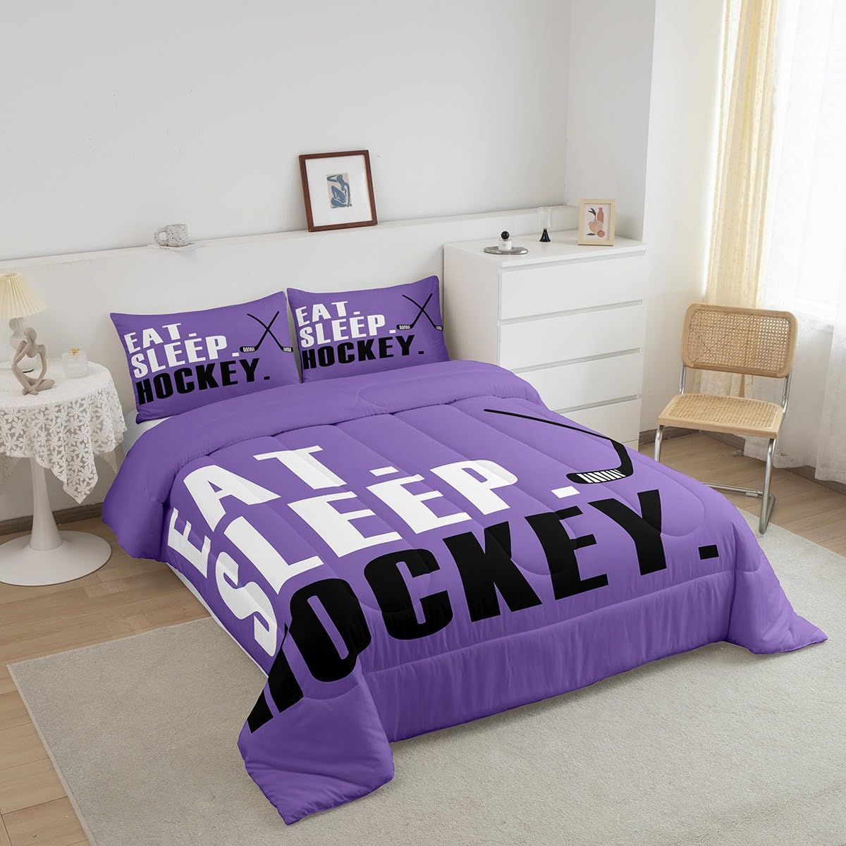 Loussiesd Hokej na lodzie zestaw pościeli fioletowy lód sporty gry zestaw kołdra rozmiar king size dla dzieci chłopców dziewcząt nastolatków hokeista krążek hokej super miękka mikrofibra z 2