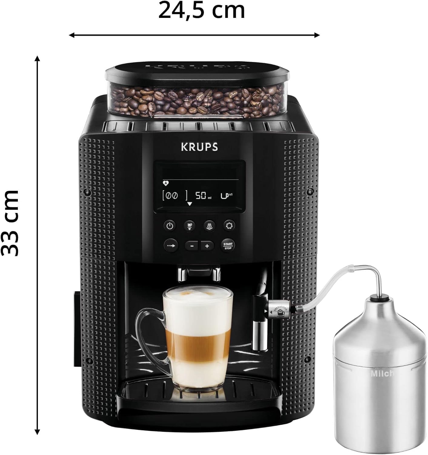 Krups Essential, Cafetera superautomática, Depósito de agua de 1,7 L, 3 niveles de temperatura, 3 texturas de molienda, 15 Bares, Pantalla LCD intuitiva, Incluye accesorio para la leche, Negra, EA8160