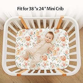 FIEMOL Baby Mini Crib Sheets Girl, Portable 38x26 Pack and Play Sheets Fitted for Playard and Pack N Play Mattress, 3-Pack Soft Microfiber Orange Watercolor Flower