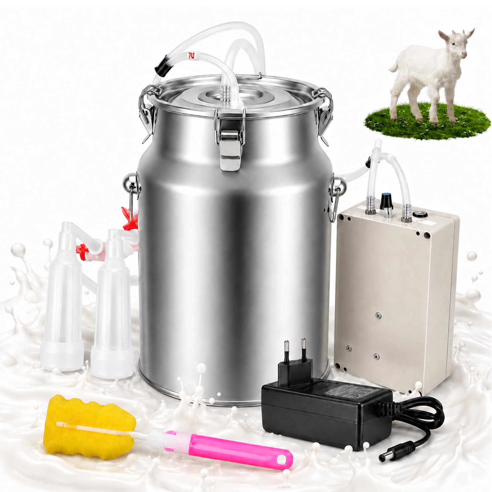 Machine à lait de chèvre électrique de 10 l avec pulsateur, machine à traire pour chèvres avec 2 gobelets en silicone de 20 mm, outils de nettoyage, arrêt automatique du lait complet, pour la maison