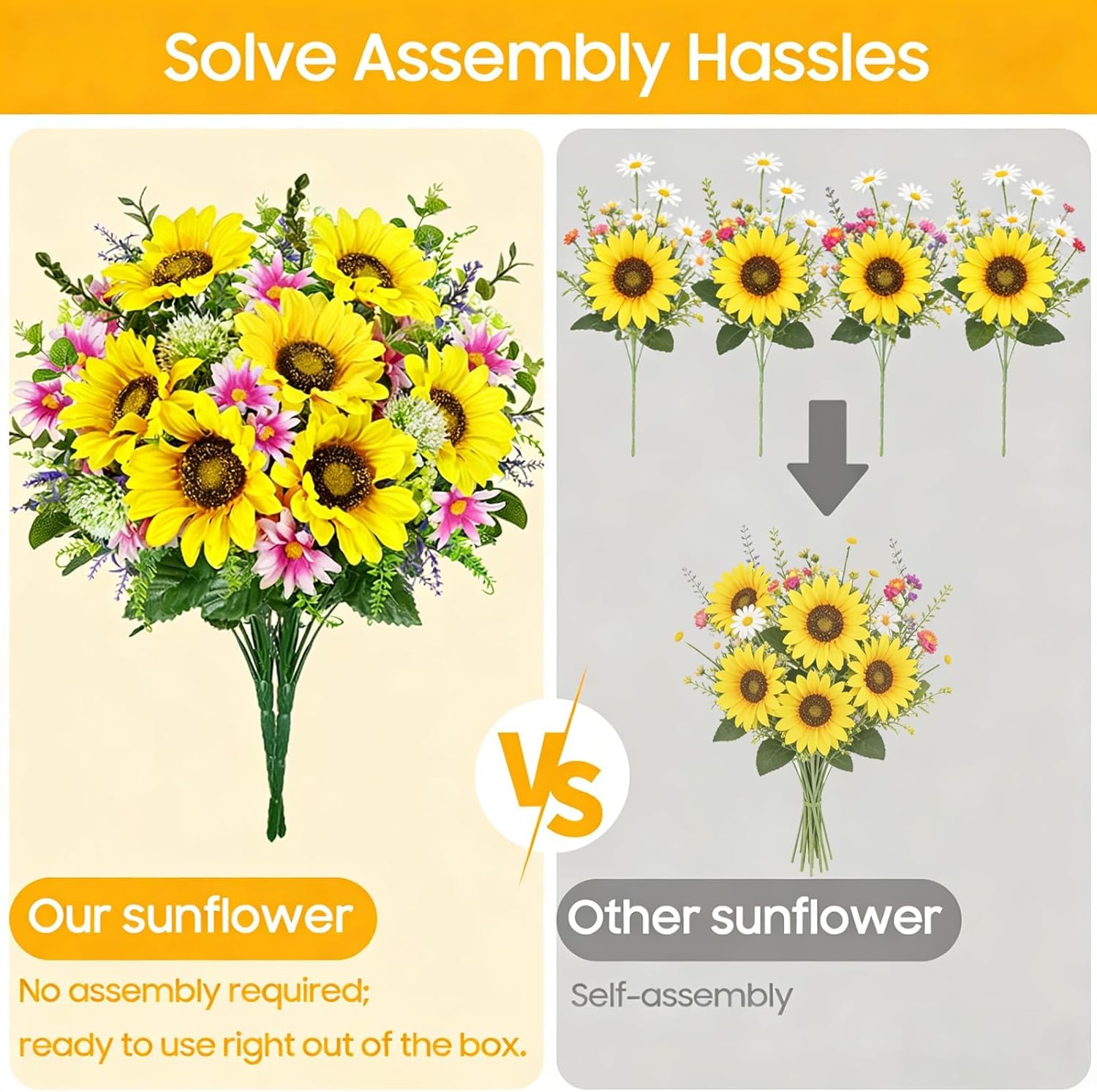 Zythrem 2pcs Artificial Sunflowers Bouquet Cemetery Flowers for Grave Faux Wildflowers with Daisy Spring Flowers for Grave Vase Floral Arrangements Wedding Table Centerpieces Home Decor