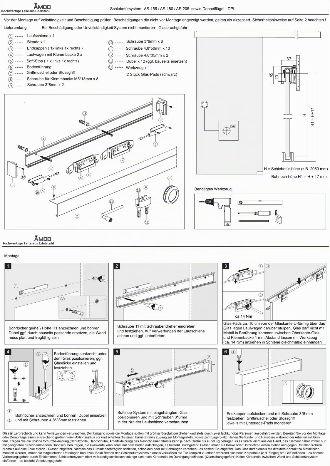 Glasschiebetür SlimLine Komplett-Set, mit SoftStop, 1025x2050x8mm, Dekor M6, Siebdruck, Griffmuschel und Bodenführung BM6-1025-AS