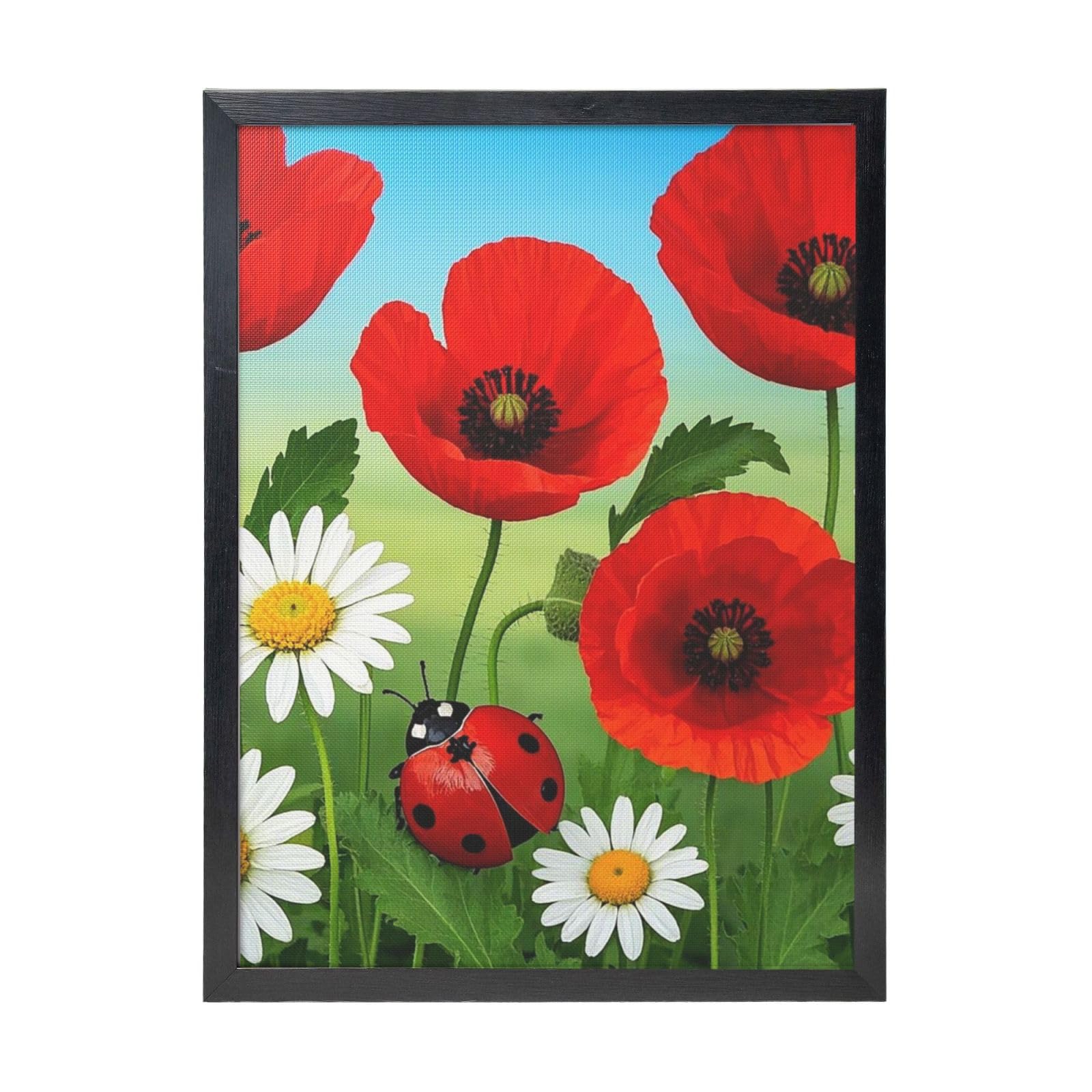 Framed Wall Art - Decorative Canvas Painting Chamomile Ladybug and Daisy Pictures Poster Aesthetic Modern Prints Artwork for Bedroom Office Wall Decor Ready To Hang 12x16 in