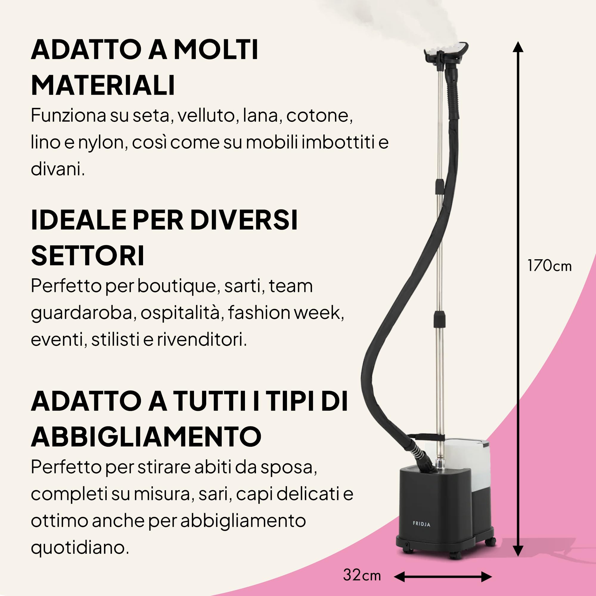 Fridja f1600 Stiratrice a vapore commerciale 2200W – Potente vaporizzatore professionale con doppio livello di vapore e serbatoio da 4L – Per tutti i tessuti – Nero opaco