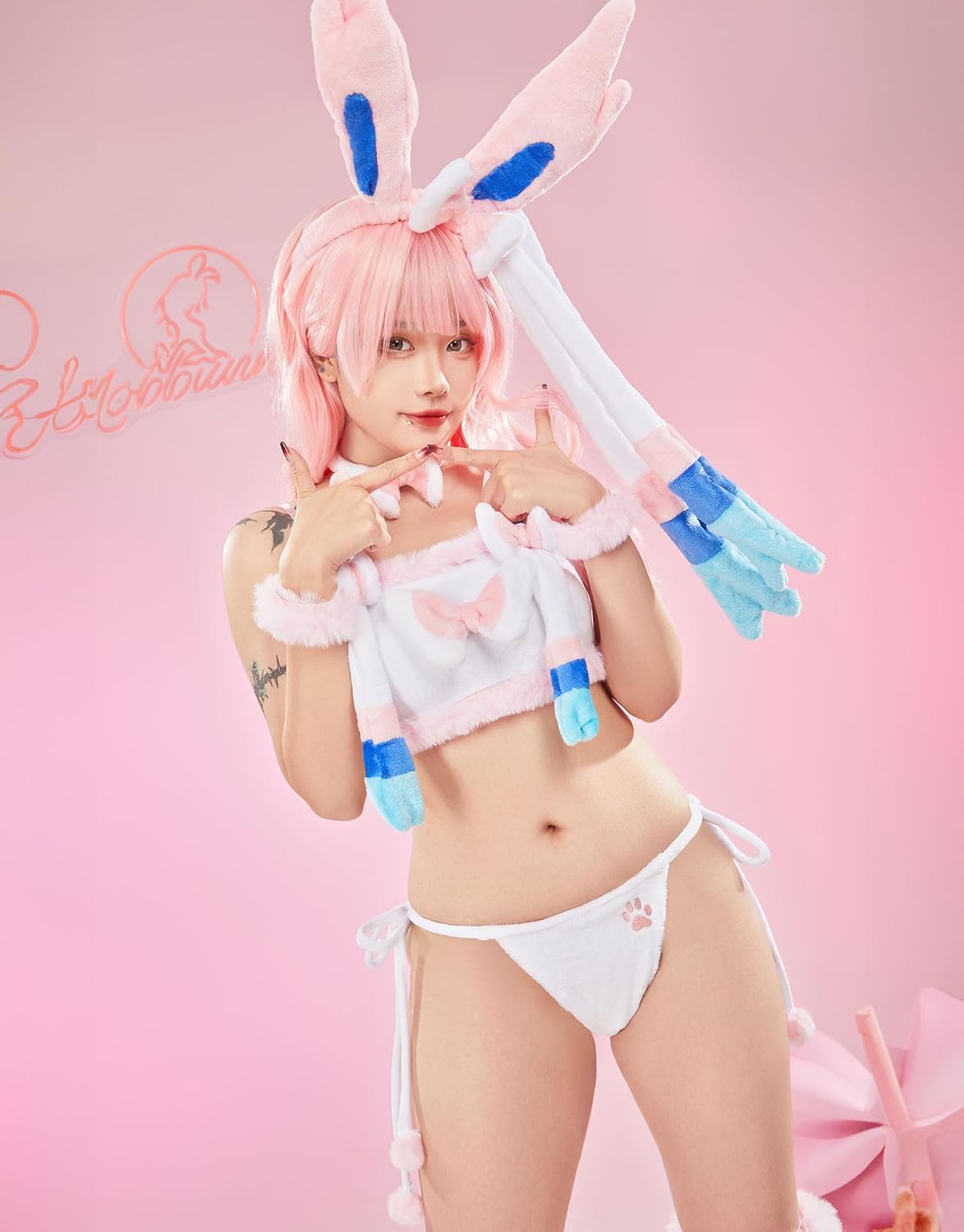 Mobbunny Women Cute Pajamas Set Pink Furry Tube Top and Shorts Anime Cosplay Homewear Sleepwear - Image 6