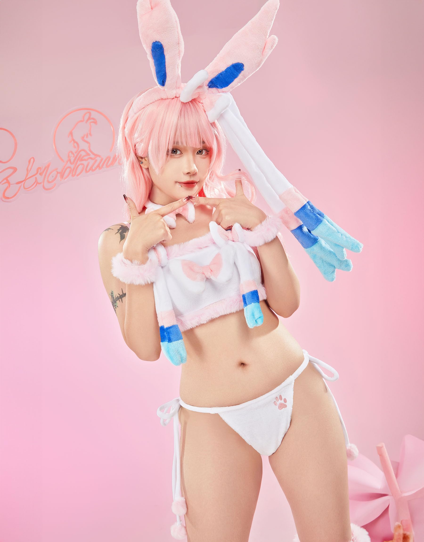 Mobbunny Women Cute Pajamas Set Pink Furry Tube Top and Shorts Anime Cosplay Homewear Sleepwear