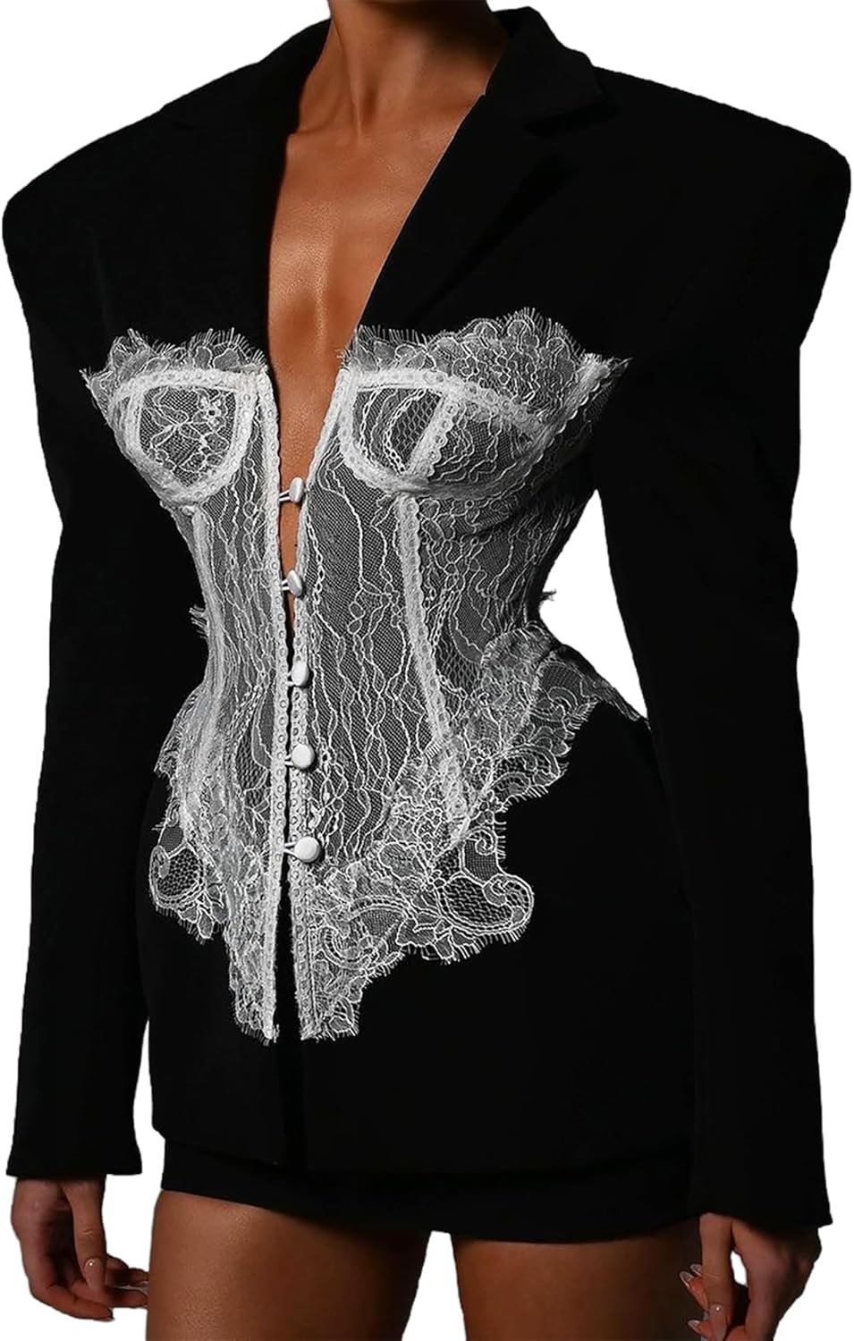 Blazers for Women Business Casual Sexy Suit with Lace Fishbone Corset Patchwork V Neck Long Sleeve Suit Fitted