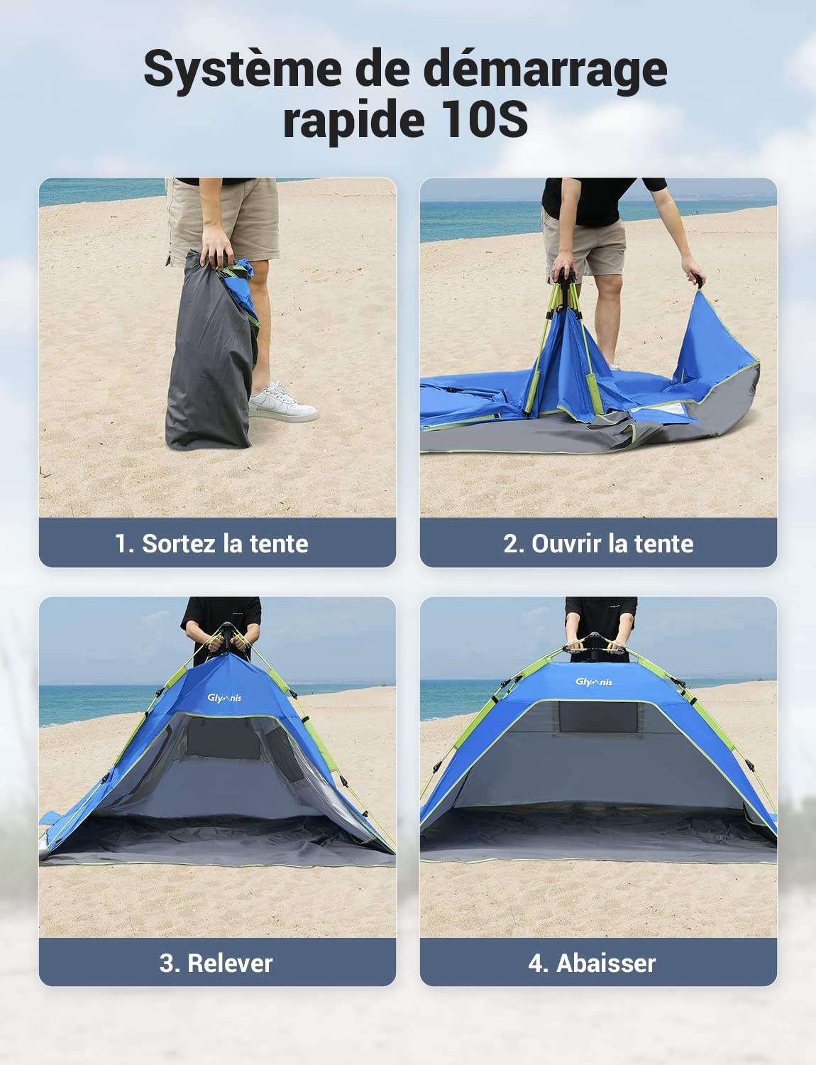 Glymnis Tente de Plage pour 3 à 4 Personnes – Protection Solaire Automatique UPF 50 + Anti-UV – Étanche avec Sac de Transport pour Camping, Plage, Pique-Nique, extérieur, Maison, Jardin, intérieur