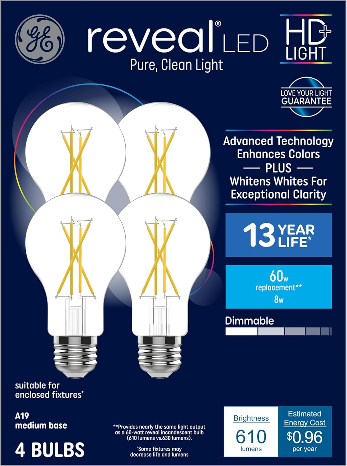 GE Reveal HD+ LED Light Bulbs, 60 Watt, A19 Bulbs (4 Pack)