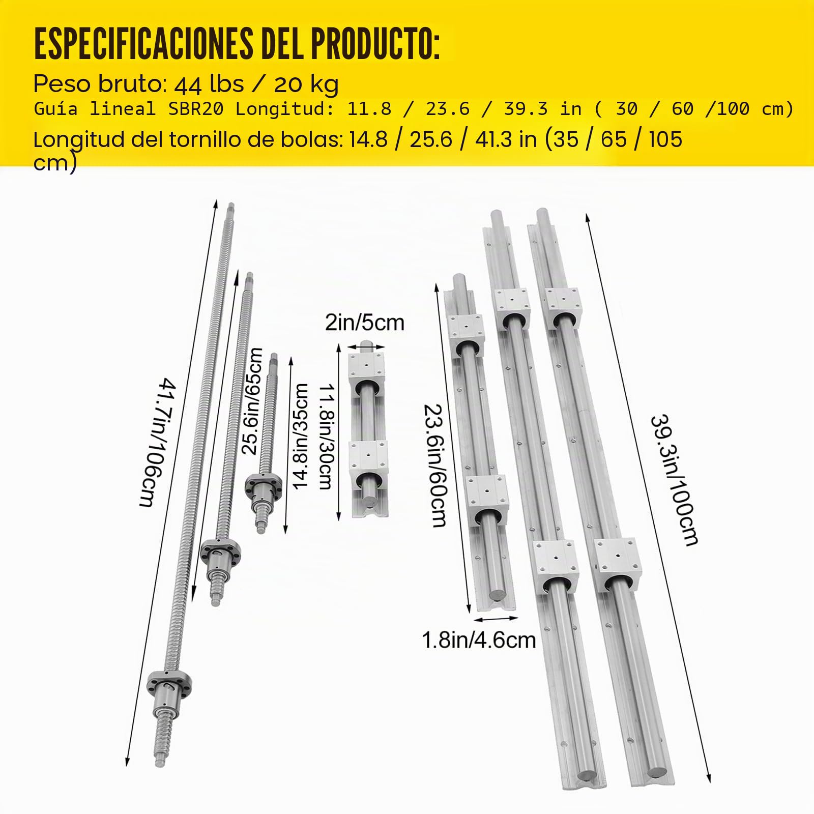 VEVOR Riel Lineal SBR20 + 3 Husillos de Bolas RM1605-350/650/1,050mm + BK/BF 12 Kit CNC, Carril Guía Lineal en Miniatura para Fresadora CNC/Amoladora CNC/Impresión de Máquinas Industriales