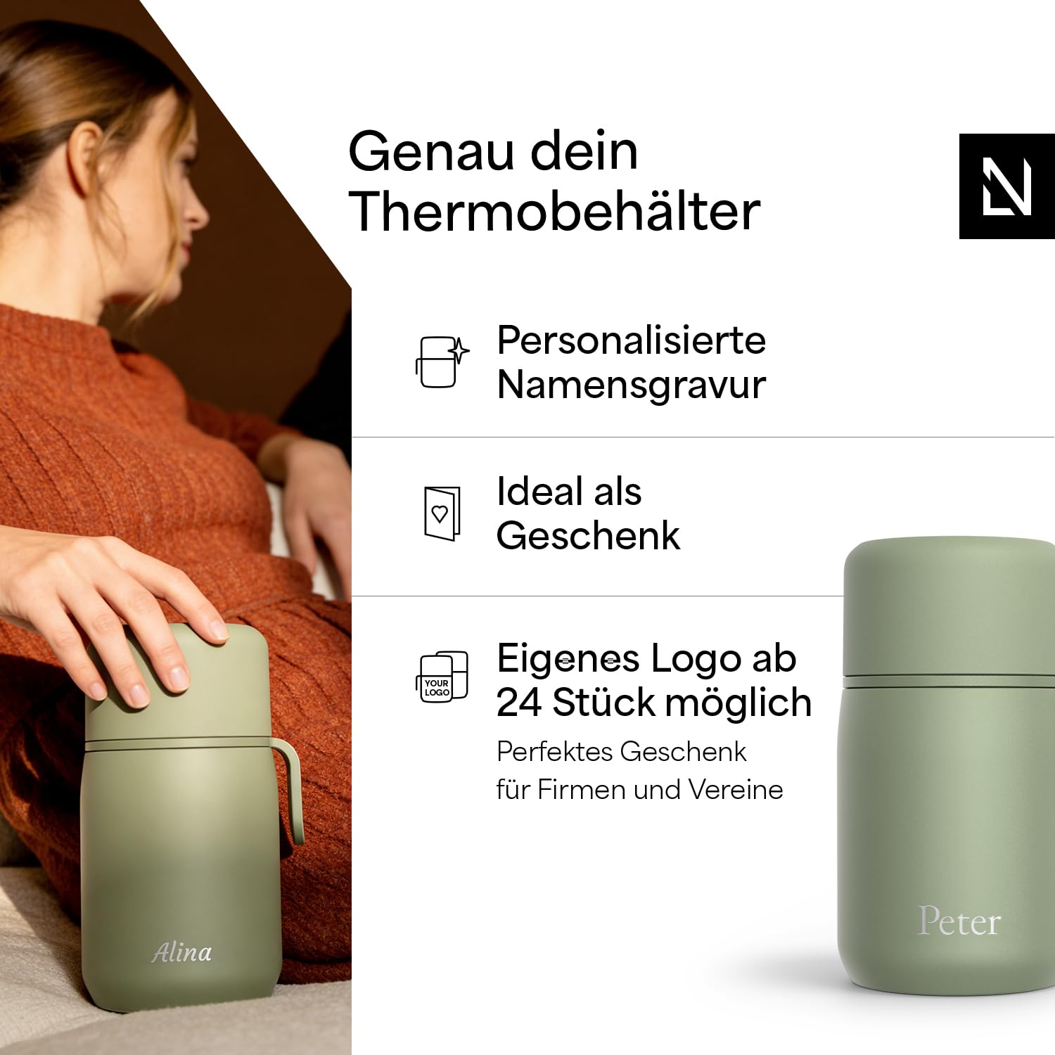 LARS NYSØM Personalisierter Thermobehälter für Essen aus Edelstahl mit Isolierbehälter & Vakuum Speisebehälter mit Gravur - als Geschenk-Idee mit Namen für Männer und Frauen (Sage Green, 700ml)