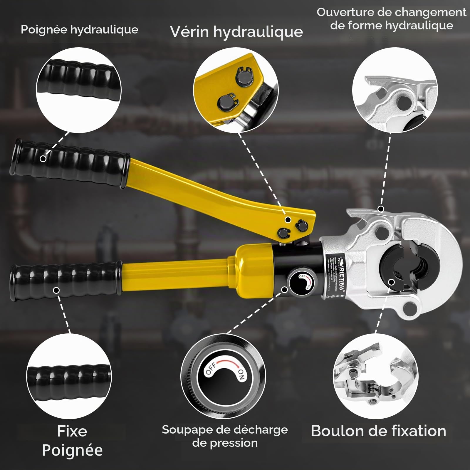 Pince à sertir hydraulique avec coupe-tubes, outil de sertissage plomberie Ø12-28 mm, pince à sertir en tube en cuivre haute dureté pour cuivre 12, 15, 18, 22, 28 mm et PEX-AL-PEX 16, 20, 26, 32 mm