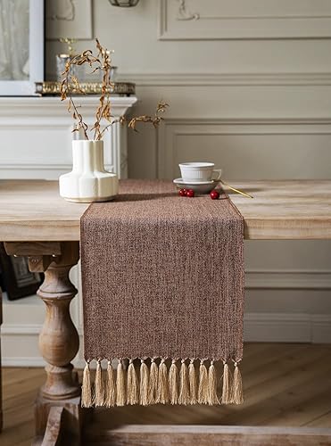 Miniatura 2 de ZeeMart Camino de mesa marrón de 48 pulgadas de largo, camino de mesa rústico de arpillera estilo lino, camino de mesa de café bohemio, 13 x 48