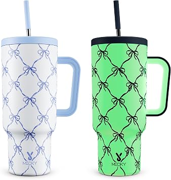 Meoky Glow in the Dark Tumbler 40 oz Tumbler with Handle and Straw- Stainless Steel Insulated Tumbler for Car Cup Holders - Travelers Commuters Workers 1 Pack, Blue Bow