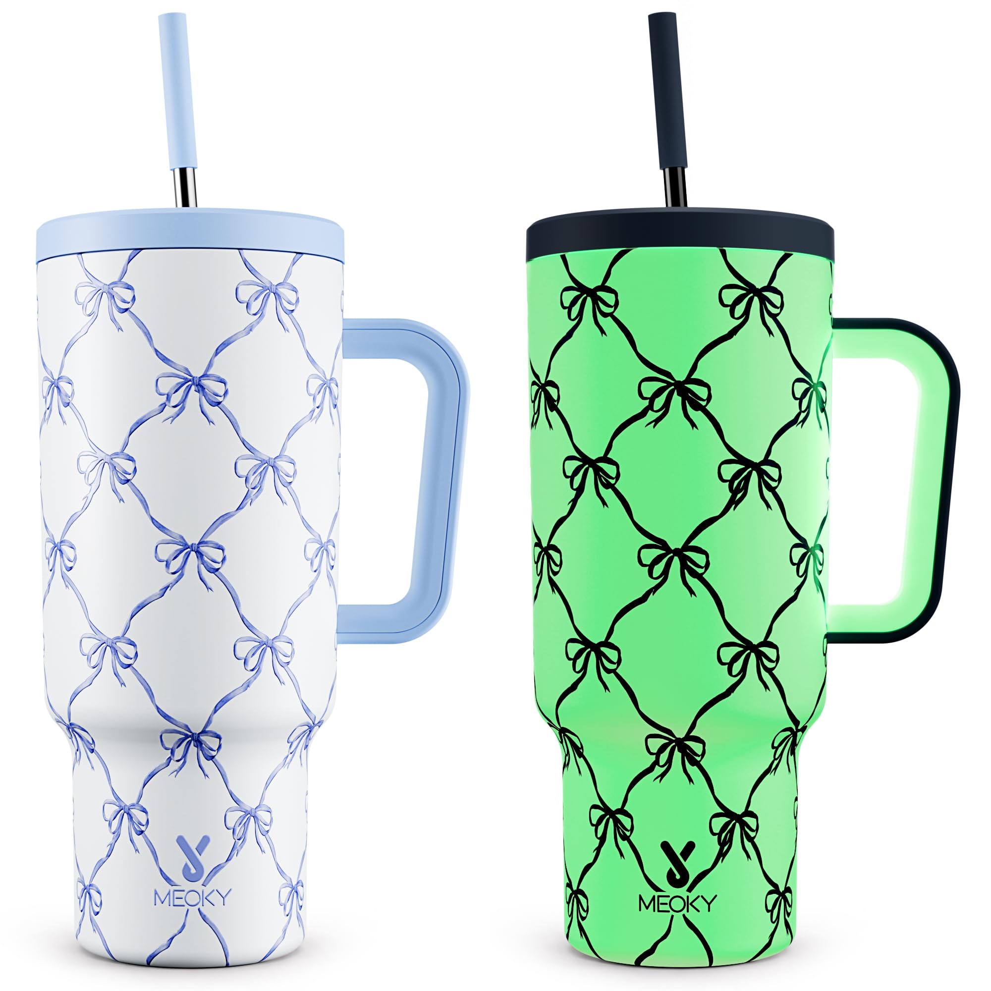 Meoky Glow in the Dark Tumbler: 40 oz Tumbler with Handle and Straw- Stainless Steel Insulated Tumbler for Car Cup Holders - Travelers Commuters Workers (1 Pack, Blue Bow)