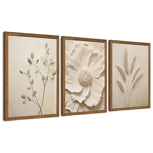 JLTULT 3 Piece Framed Neutral Beige Floral Canvas Wall Art,