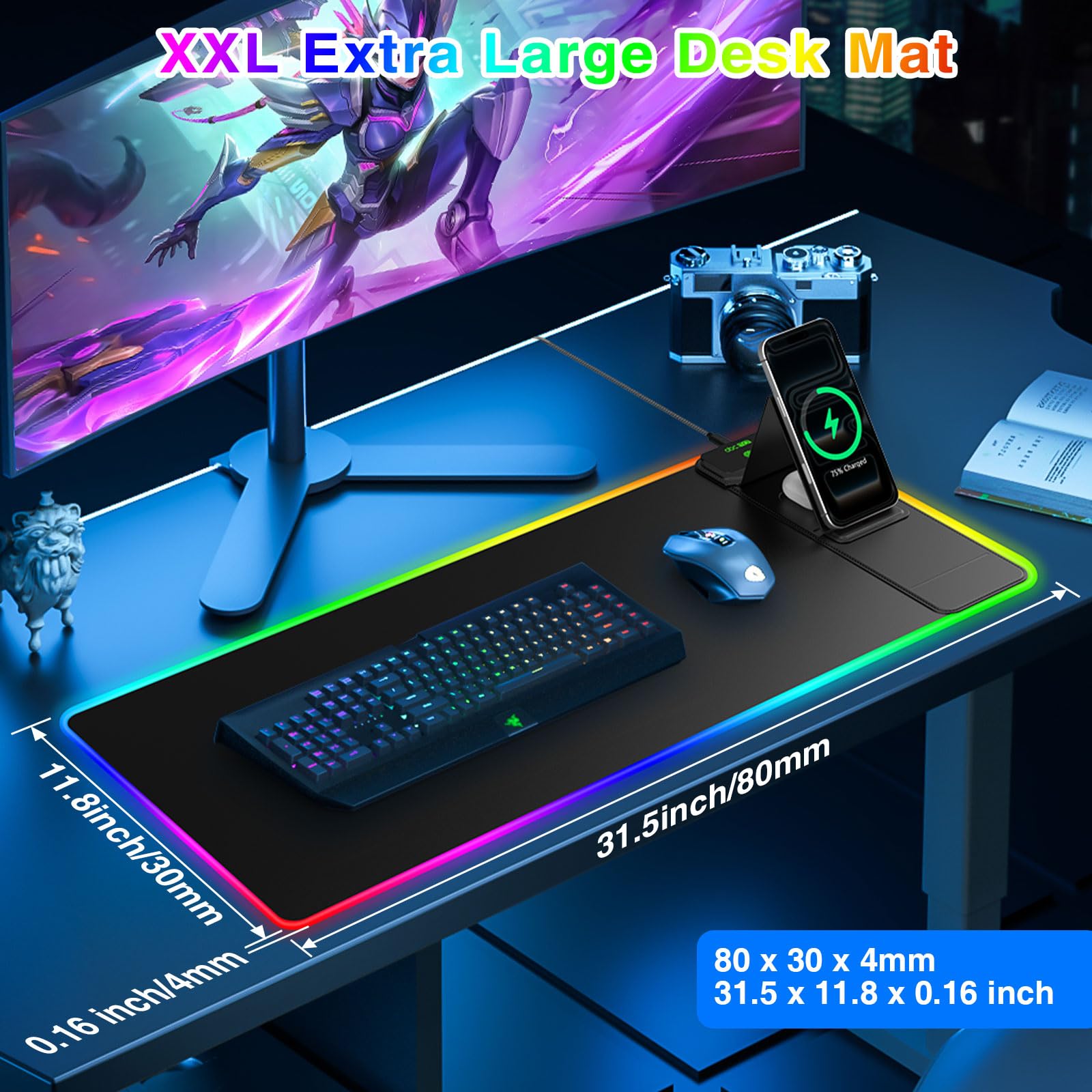 Tappetino per mouse da gioco XXL RGB LED con ricarica wireless magnetica e supporto pieghevole per telefono, 80 x 30 cm, tappetino da scrivania ultra liscio, 25 effetti di luce, base antiscivolo