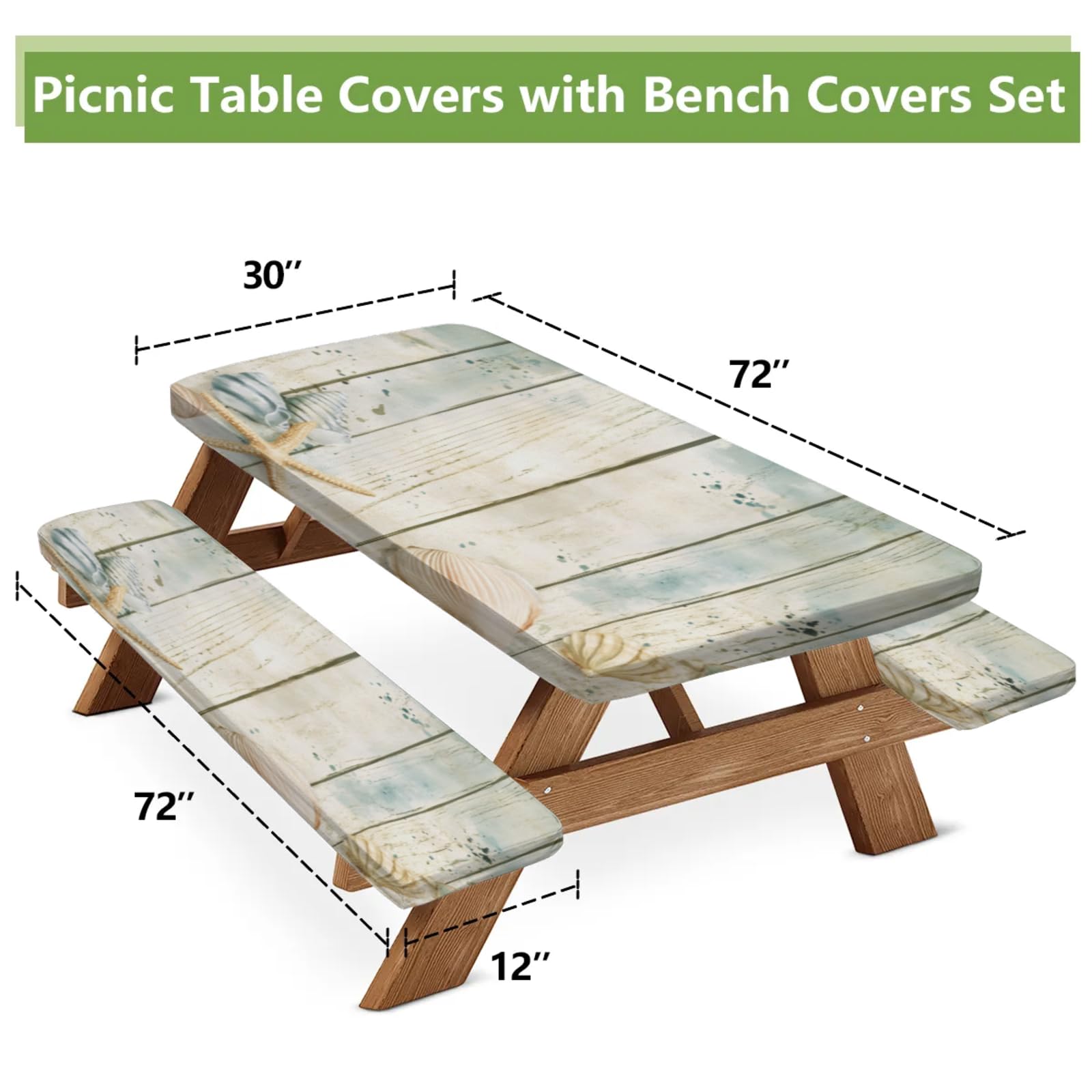 Tablerazzi Vintage Wood Ocean Nautical Coastal Starfish Picnic Table Cover with Bench Covers, Fitted Camping Tablecloth with Elastic Edges, 3 Pcs Set Outdoor Waterproof Rectangle Table Cloth
