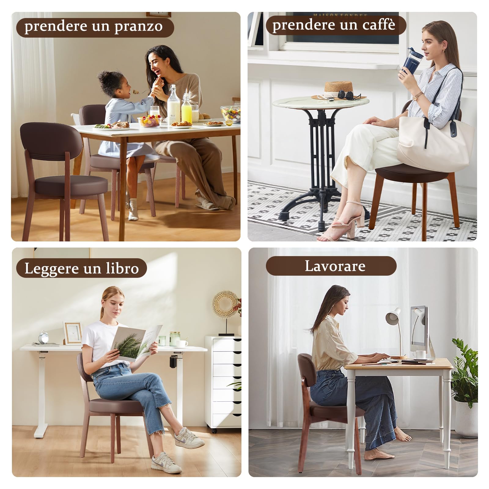 Set di 6 Sedie da Pranzo, Sedie da Cucina in PU, Poltrone da Salotto con Gambe in Legno, Sedia Imbottita Sala da Pranzo per Sala da Pranzo Cucina Soggiorno Camera da Letto, Marrone