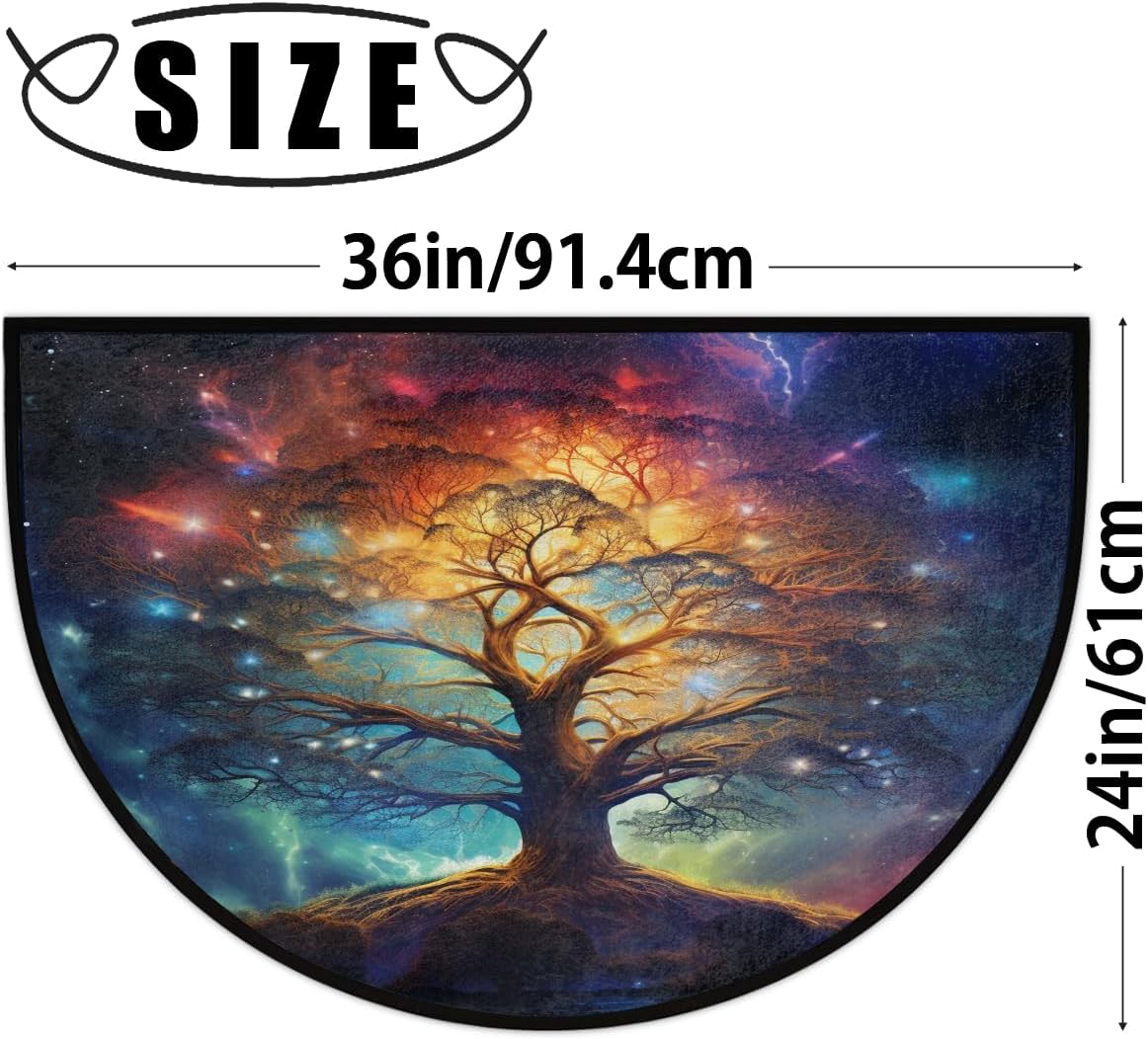 Half Round Door Mat Tree of Life Rainbow Half Moon Rug Washable Half Circle Area Rugs Indoor Entrance Non Slip Semi Circle Bathroom Rugs Floor Carpet for Kithen Bedroom Fireplace Decor