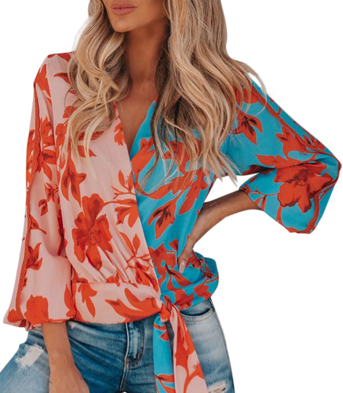 Womens Soft Stripes Blouses Tie Front V Neck Long Batwing Sleeve Ladies Casual Fashion 2019 Plain Summer Loose Fit Tops and Tunics Shirts Orange US12-14 Large