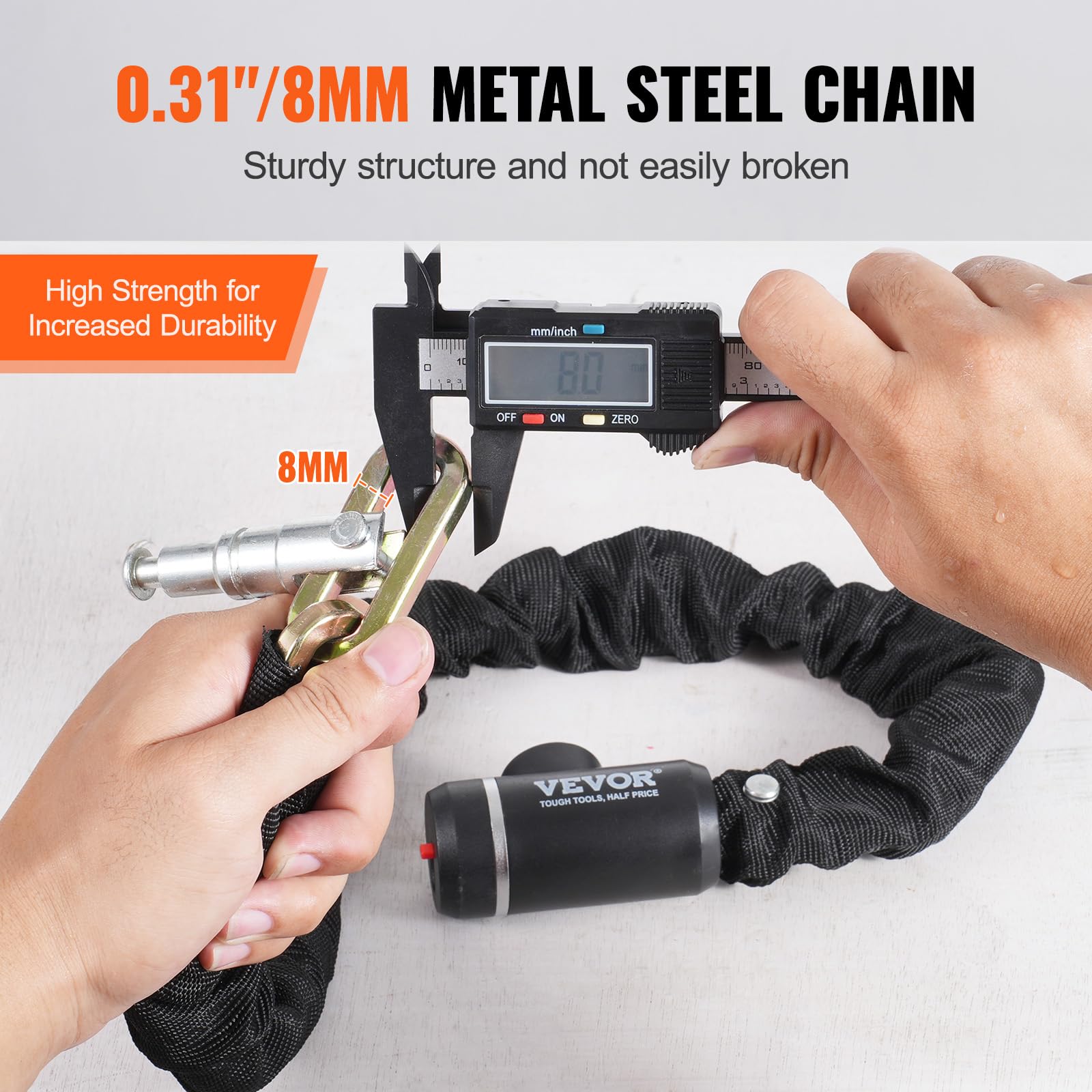 VEVOR Candado De Cadena Integrado Antirrobo Para Bicicleta Y Moto - 8x1200 Mm, Acero Forjado, 4 Llaves, Funda Protectora Antirrayones