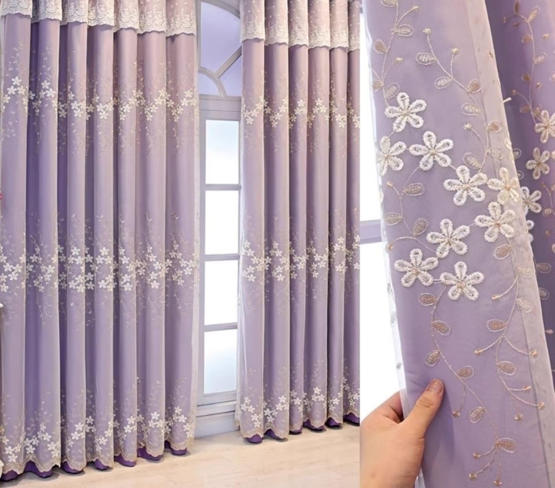 Zasłony okienne, lekkie zasłony zaciemniające fioletowy dwuwarstwowy haft koronkowy zestaw 2 szt. 107 W x 229 l cm