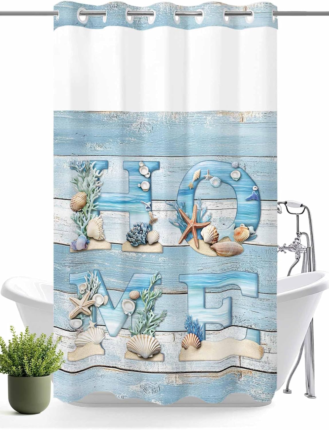 No Hook Shower Curtain with Snap in Liner, Summer Ocean Beach Shell Home Quote Waterproof Bath Curtain Double Layers with See Through Top Window, Farm Blue Wood Board Hotel Shower Curtains