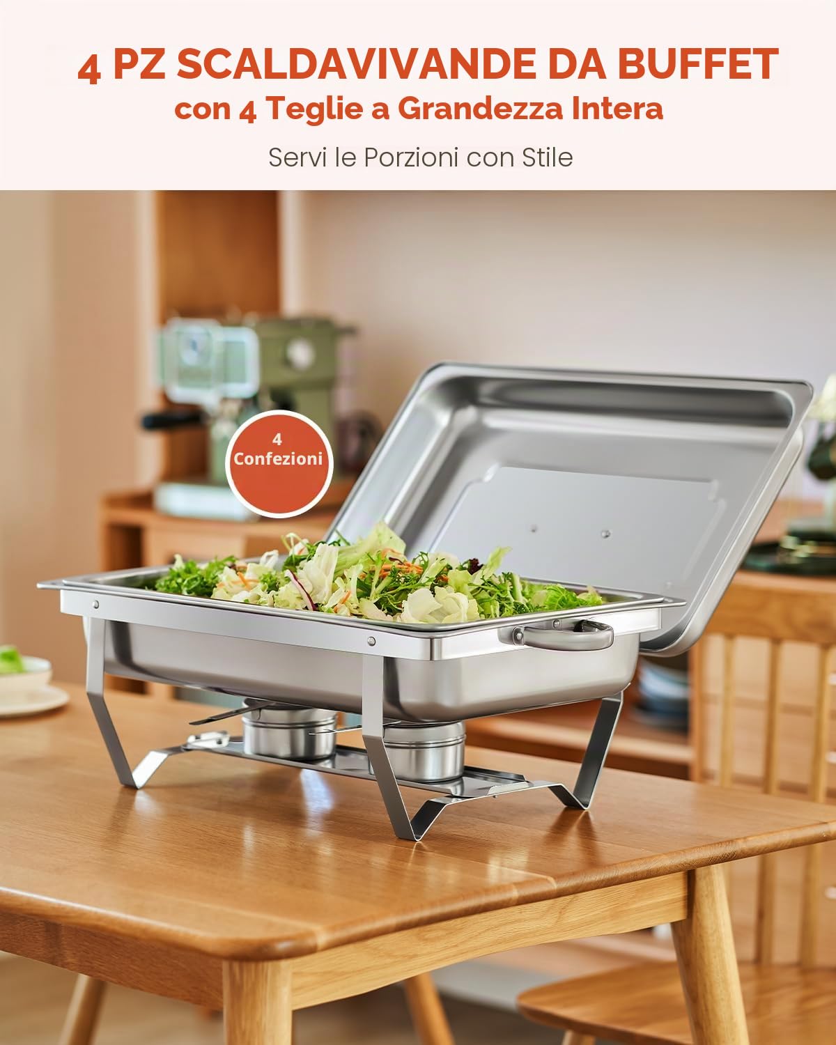 Wilprep 9L Chafing Dish Buffet Scaldavivande in Acciaio Inox Alimentare Pieghevole per Mantenere Piatti Caldi a Buffet, Feste e Servizi di Ristorazione (4 Pezzi)