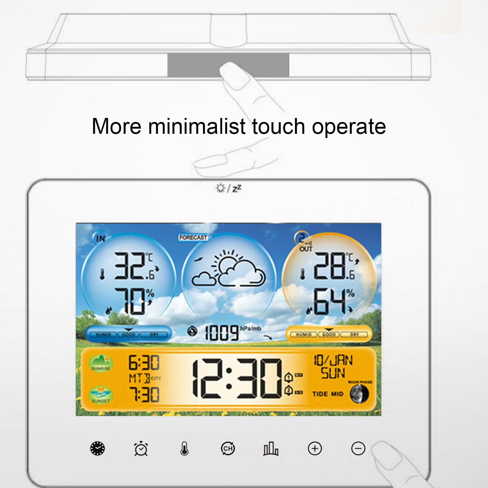 Stazione Meteo Wireless, Monitor di umidità della Temperatura Interna Wireless Stazione Meteo Touch Screen Esterna con Regolazione della luminosità a 3 Livelli per Soggiorno,