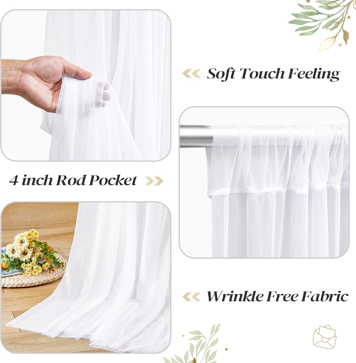 10ft x 8ft White Backdrop Curtains with Lights String for Parties, Sheer Tulle Wedding Photo Backdrops Drapes for Baby Shower Birthday Party Decorations Background for Photography