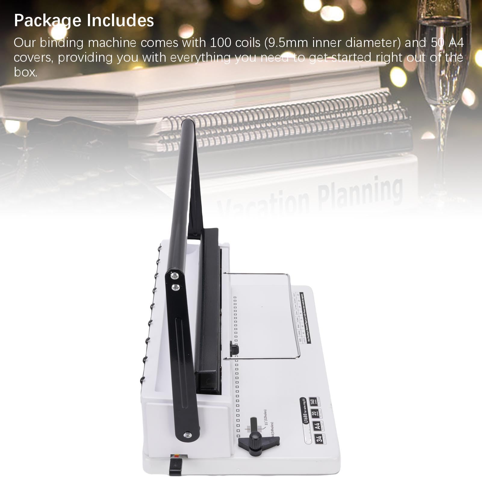 Rilegatrice a Spirale 34 Fori con 100 Bobine, Raccoglitore a Pettine a Spirale per A4 Lettera A5, Guide Laterali Regolabili, Dimensione Dorso Personalizzabile, Bracci Metallici con Base in