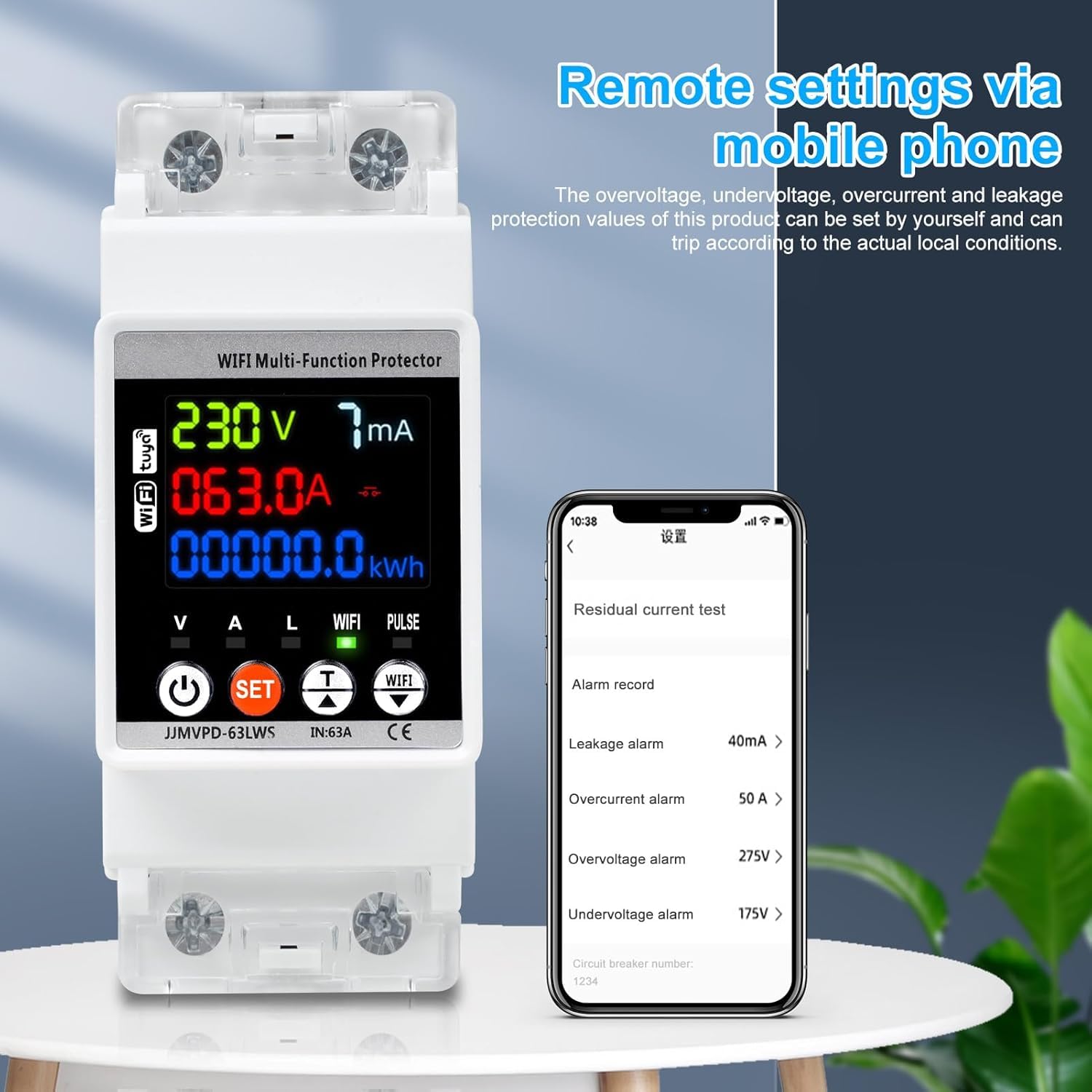 DEWIN Medidor de Electricidad WiFi, 63A 230VAC Contador Electrico Protección Automática contra Sobretensiones Protector Sobretensiones Proteccion Sobretension (Voltaje Amperaje Ajustable)