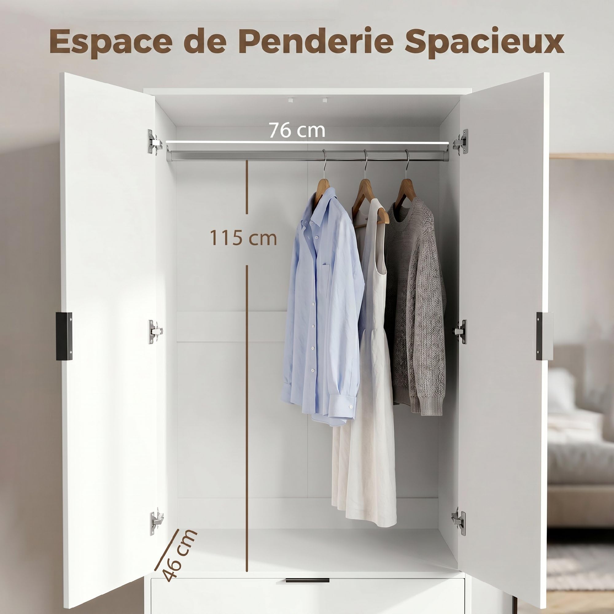 HOMCOM Armoire Chambre penderie avec 2 Portes cannelées à Fermeture Douce, 2 tiroirs et Barre de Suspension, Armoire à vêtements, Dressing, Style Moderne, 80 x 50 x 180 cm, Blanc