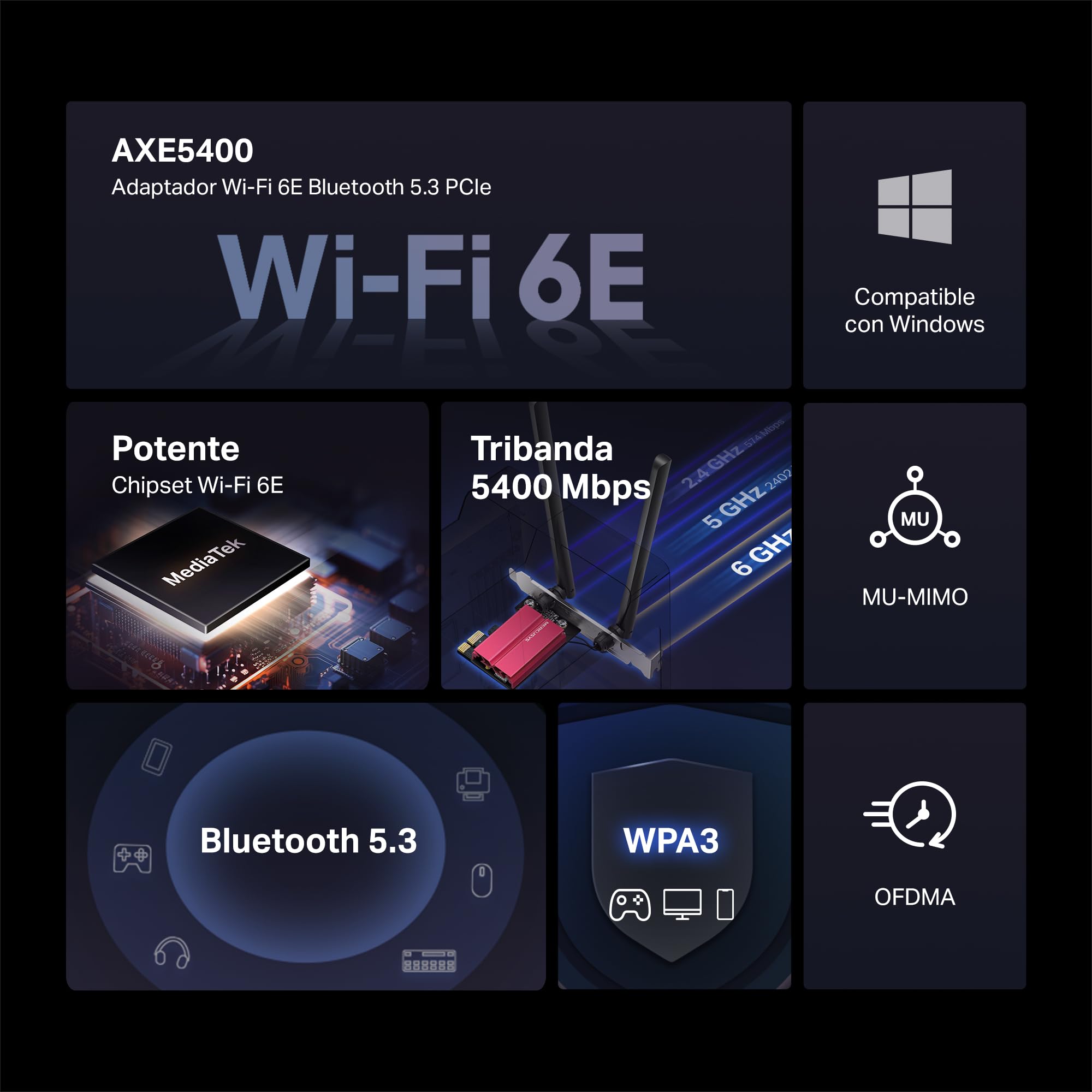 [Nuevo] MERCUSYS MA86XE- Tarjeta de Red PCLe AXE5400, Wi-Fi 6E con Bluetooth 5.2, Triple Banda, 6GHz/5GHz/2.4GHz,Compatible con Windows 11 y 10,MU-MIMO,OFDMA, estándar de cifrado WPA3