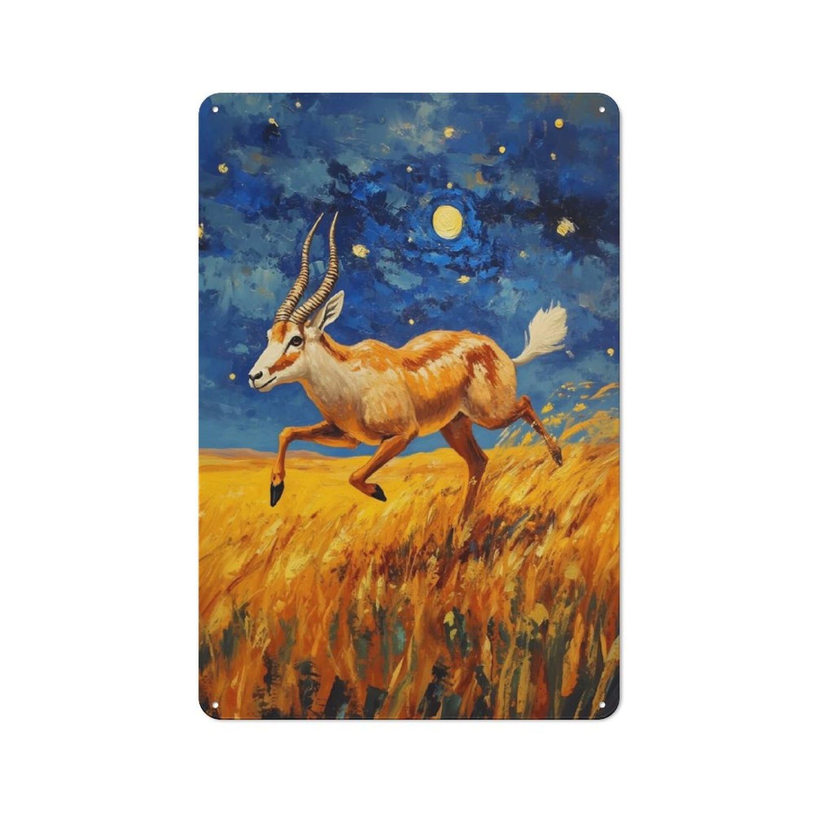 Junmoney Style-12 Retro Retro Metal Sign 30X20cm Featuring Antelope Running Under Starry Night Painting, Garage Wall Decor For Garage, Hobby Room, Office Or Man Cave