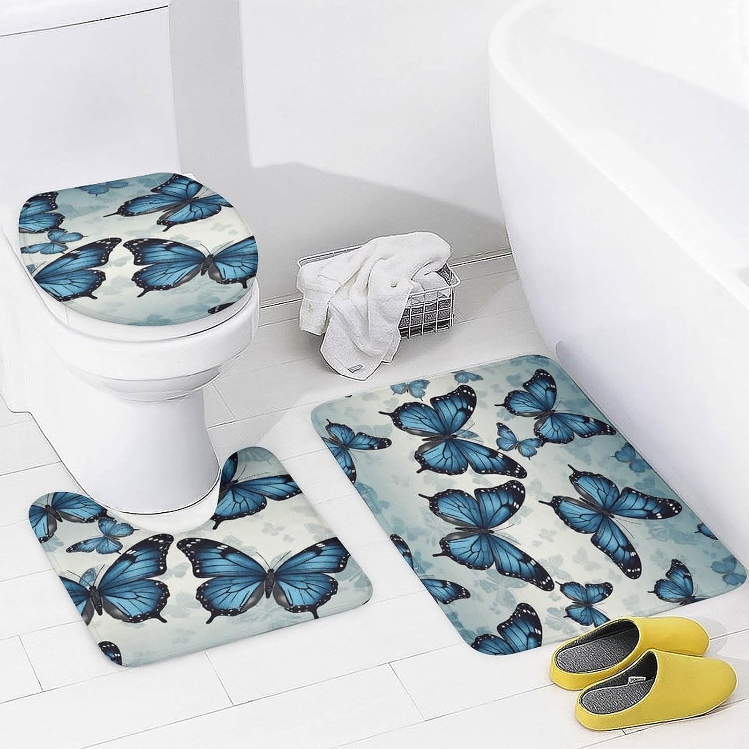 4Pcs Blue Butterfly Bathroom Sets Decor with Non-Slip Rugs Fashion Toilet Lid Cover Exquisite U-Shaped Mat Modern Shower Curtain with 12 Hooks Bathroom Decor Accessories image 4