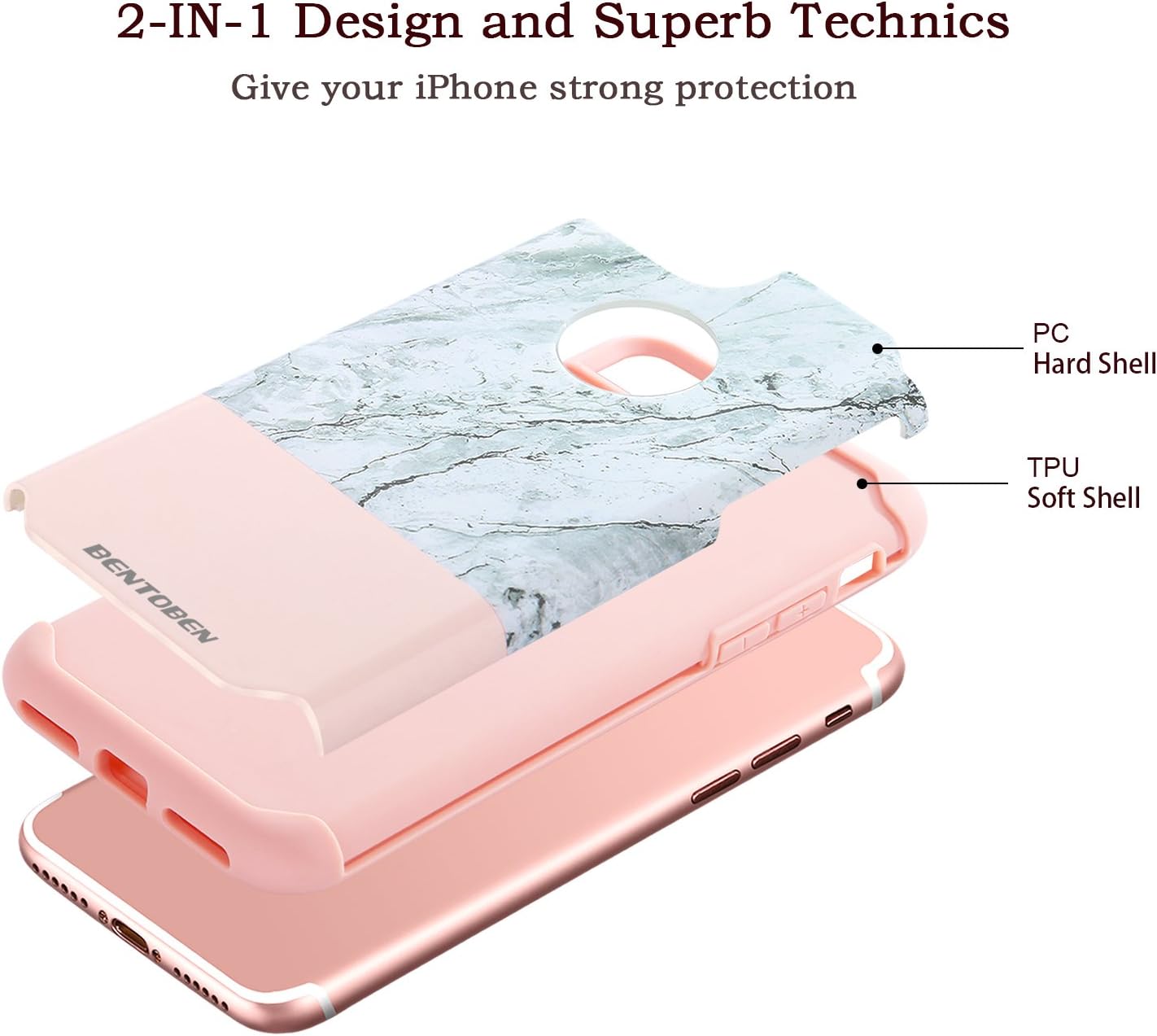 BENTOBEN iPhone 7 Plus Case, iPhone 8 Plus Case, 2 in 1 Fashion Marble Design Slim Anti-Scratch Hybrid Hard PC Cover Soft TPU Bumper Shockproof Protective Case for iPhone 7 Plus (5.5 Inch), Rose Gold
