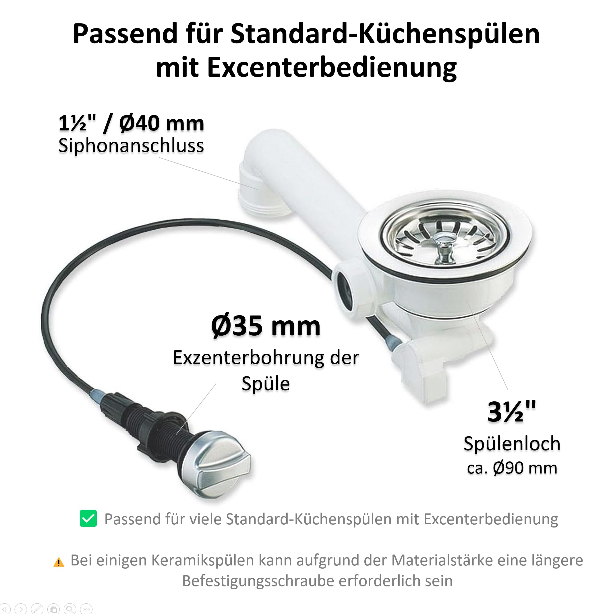 Kit d'évacuation universelle pour gagner de la place, pour robinet d'évier à coulisse, 114 mm (vanne de 8,89 cm) avec sortie de trop plein