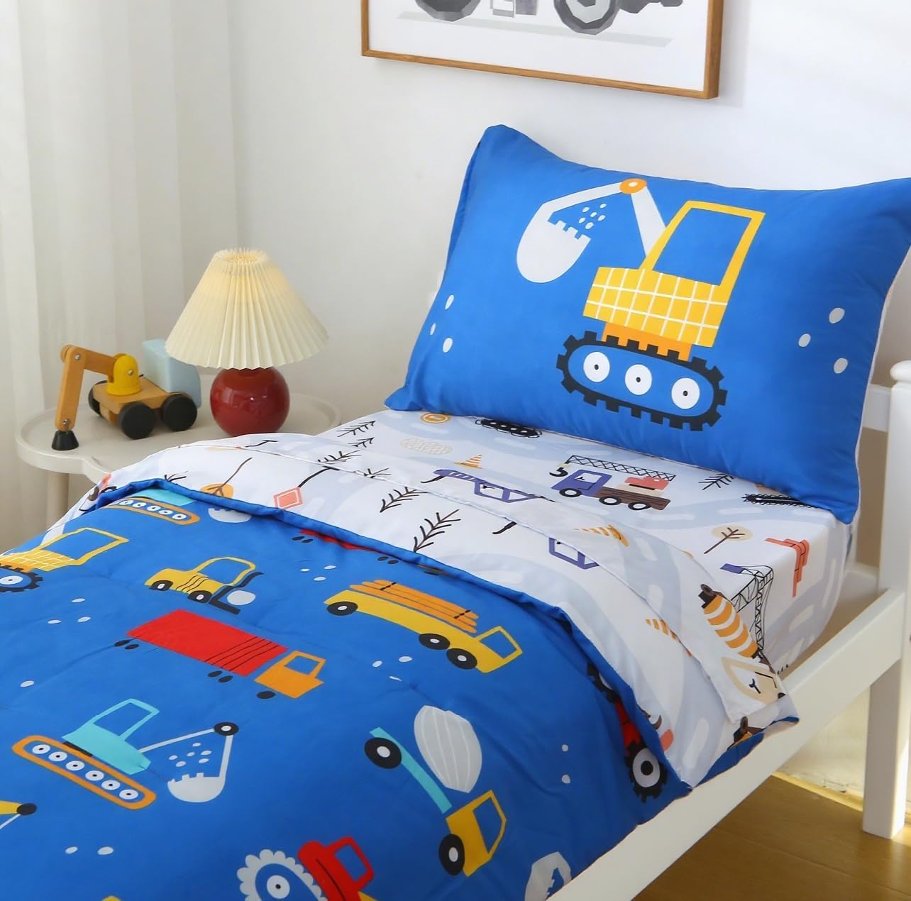 Blue Cartoon Car Construction Toddler Bedding Set for Boys, 4 Piece Reversible Truck Lightweight Toddler Comforter with Bed Sheet Set