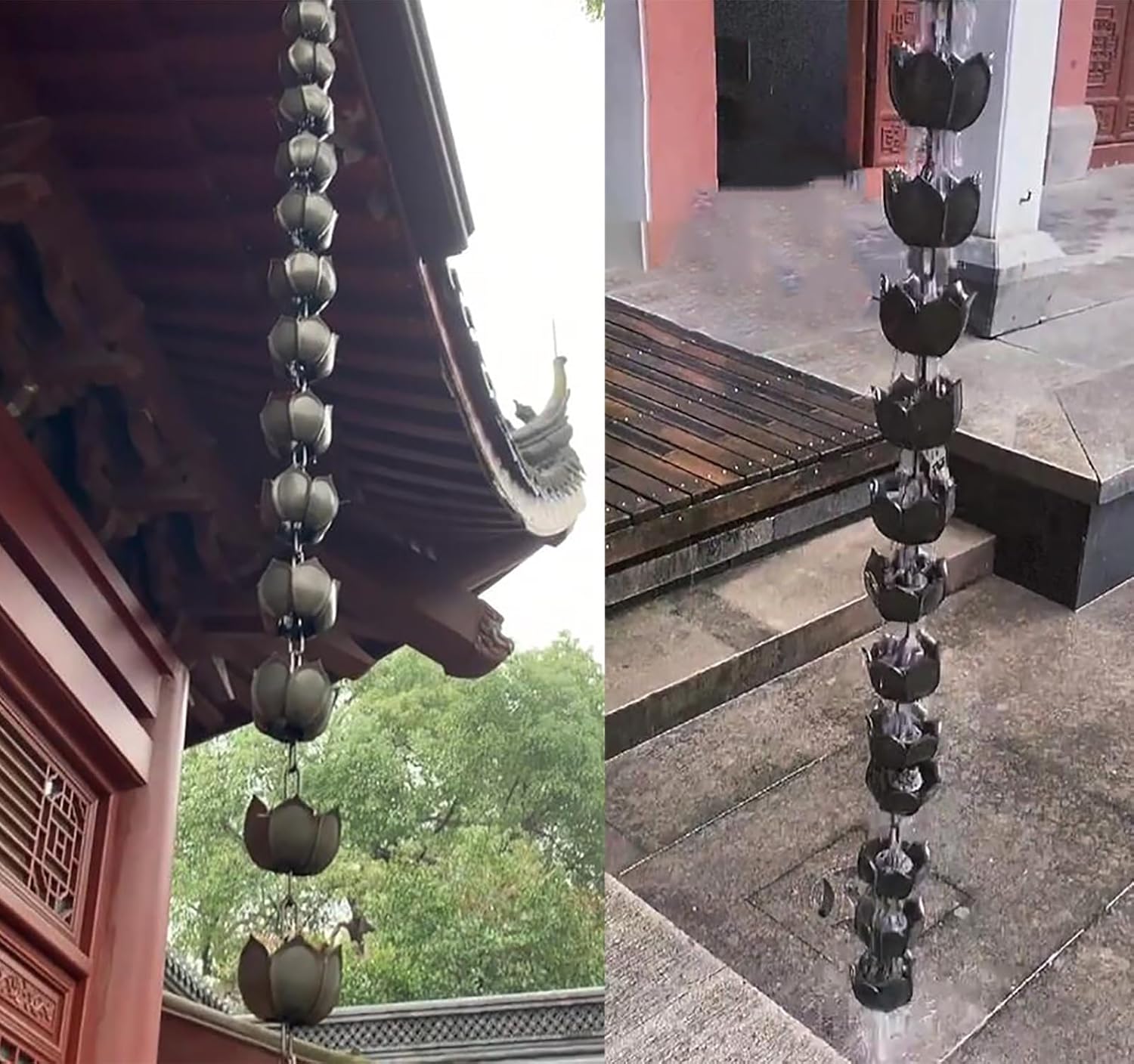 Decorative Rain Chains Waterfall, Rain Chain Gutter Plastic Rain Chains Waterfall, Garden Ornament Lotus Rain Chain Basin for Heavy Rain, Outside Temple Courtyard Eaves Drainage Chains ( 360cm (12ft))