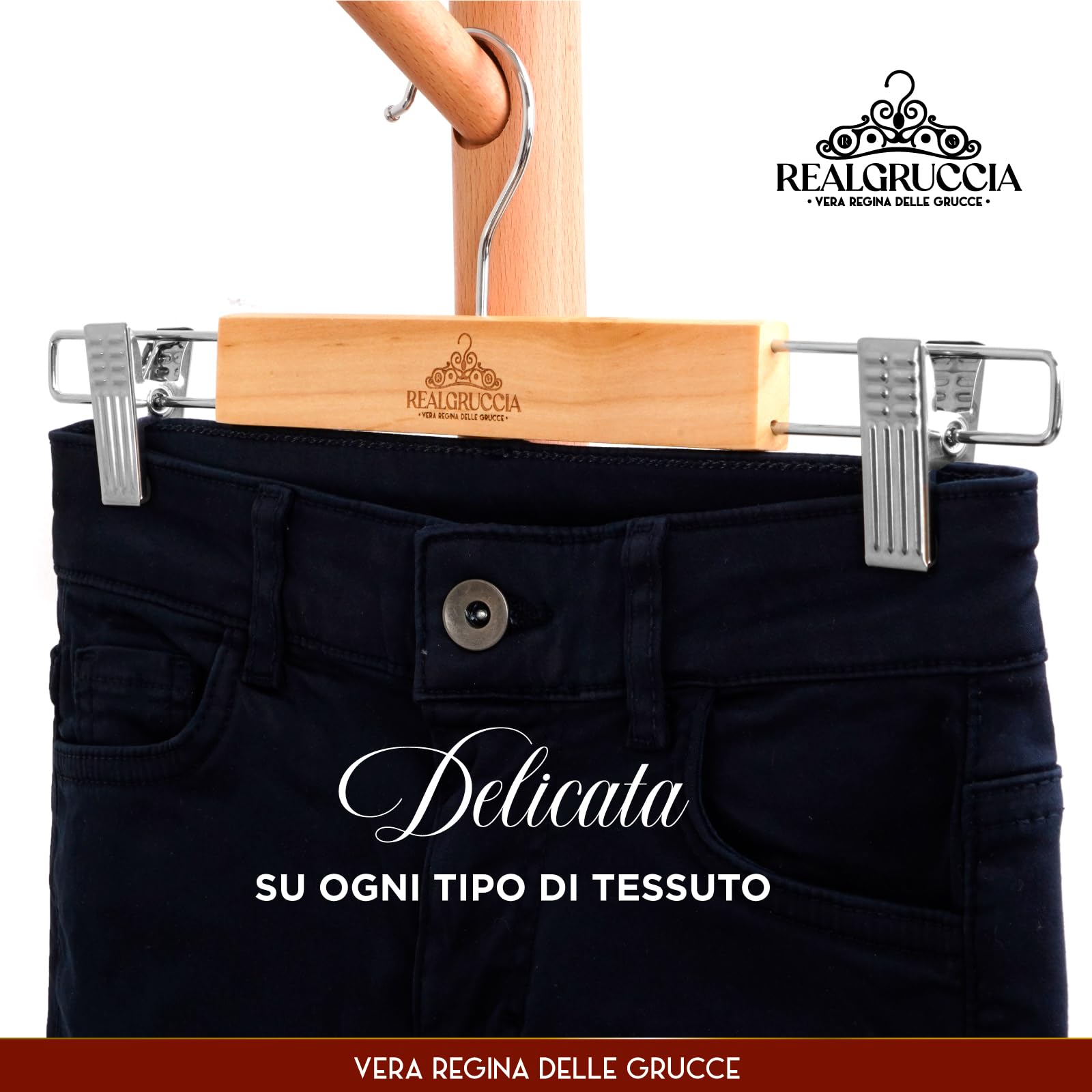 10 Grucce Appendiabiti con Pinze per Gonne Jeans Pantaloni in Legno Naturale 13x33cm - RealGruccia Clips Regolabili Salvaspazio e Robuste - Finitura Lucida e Gancio Girevole 360° in Metallo Resistente