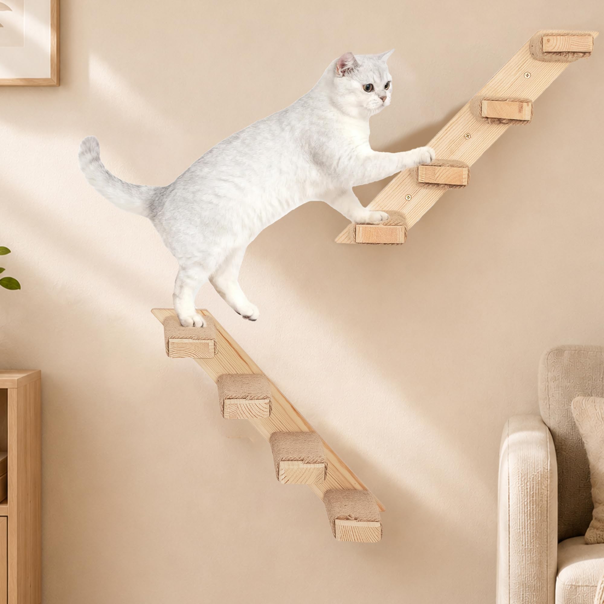 2PC Cat Climbing Shelves Wall Mounted, Wooden Four Step Cat Stairway Reversible Left & Right Direction with Sisal Rope, Cats Wall Furniture for Climbing Playing Indoor