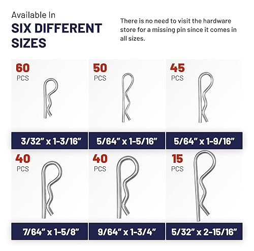 Miniatura 2 de Pasadores de chaveta de 250 piezas, acero de aleación resistente y duradero, kit surtido de pasadores de chaveta en forma de R en 6 tamaños