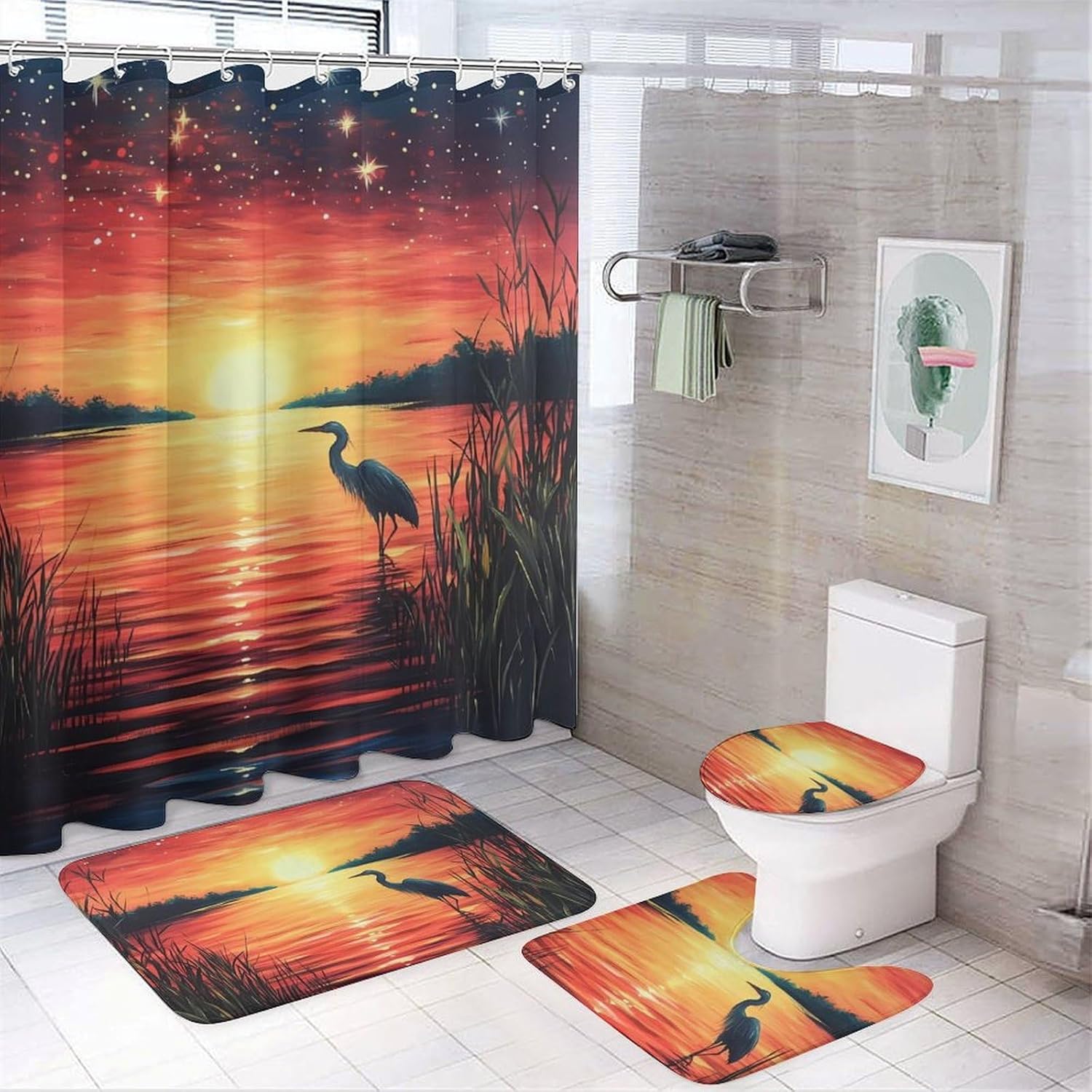 Sunset Heron Bird Bathroom Sets with Shower Curtain and Rugs 4 Piece with U-Shaped Floor Mat Toilet Lid Cover
