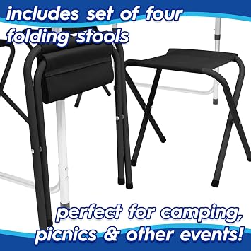 Harbour Housewares 120cm (4ft) Height Adjustable Aluminium Folding Picnic Table with 4 Chairs - Black - 4-Seater Foldable Portable Outdoor Garden Patio Camping BBQ Dining Trestle Furniture