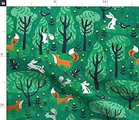 Vista 2 de Spoonflower Tela – Zorros Esmeralda Bosque Verde Conejitos Bosque Animales Lindos Niños Zorro Impreso en Petal Signature Tela de Algodón por The