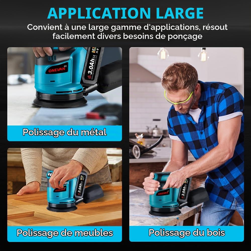 ONEVAN Ponceuse Excentrique Sans Fil 125mm avec 2 Batteries & 5 Papiers | 3 Vitesses 8000-12000 tr/min, Ponçage Rapide, Aspiration Efficace avec Sac, Pour le Ponçage du Bois, Métal et Vernis